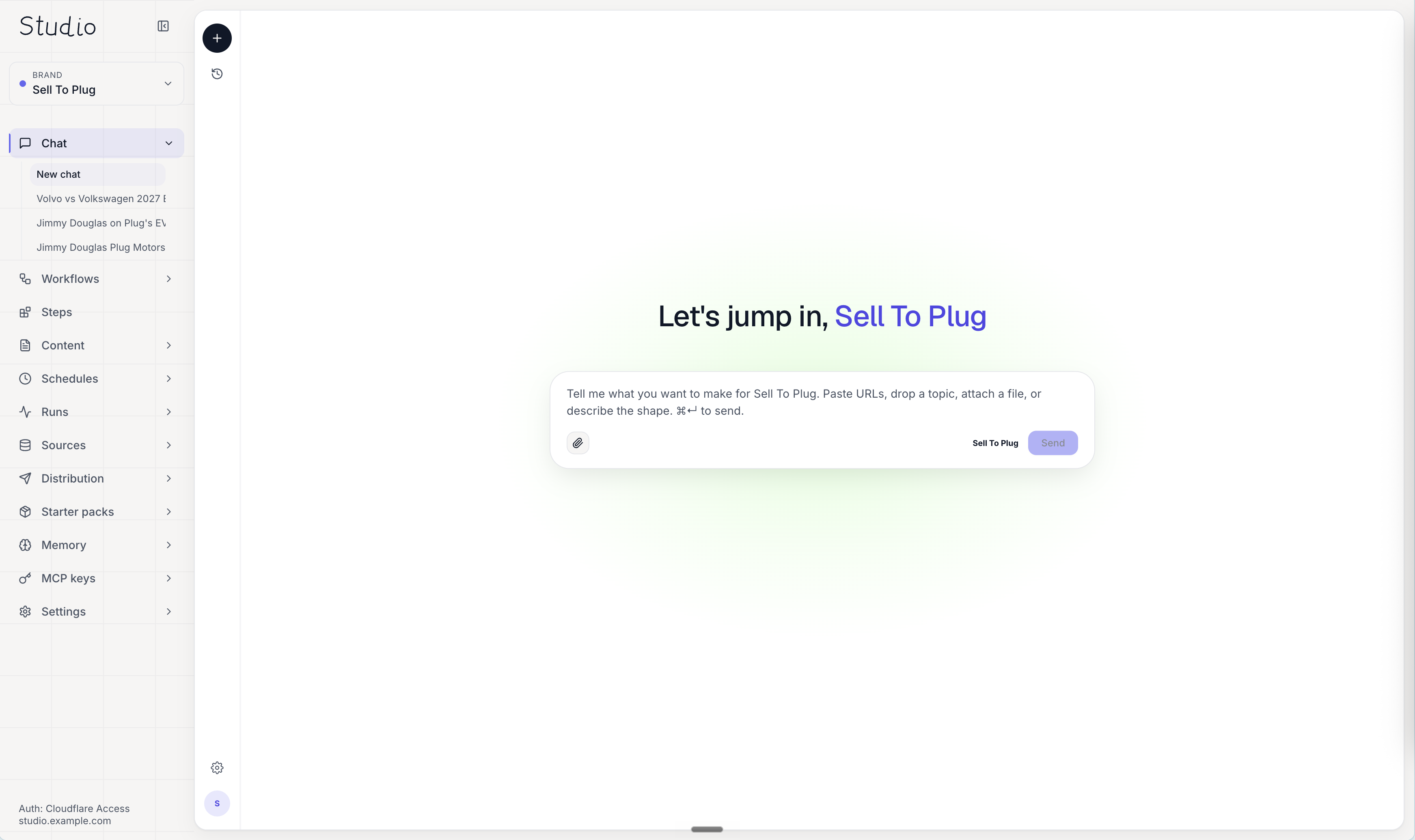 The Studio operator dashboard — chat composer and workflow sidebar